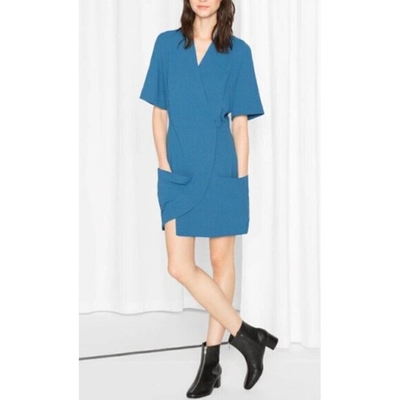 NEW Paris Atelier & Other Stories Womens Blue Faux Wrap Asymmetric Dress 12 - Picture 1 of 16
